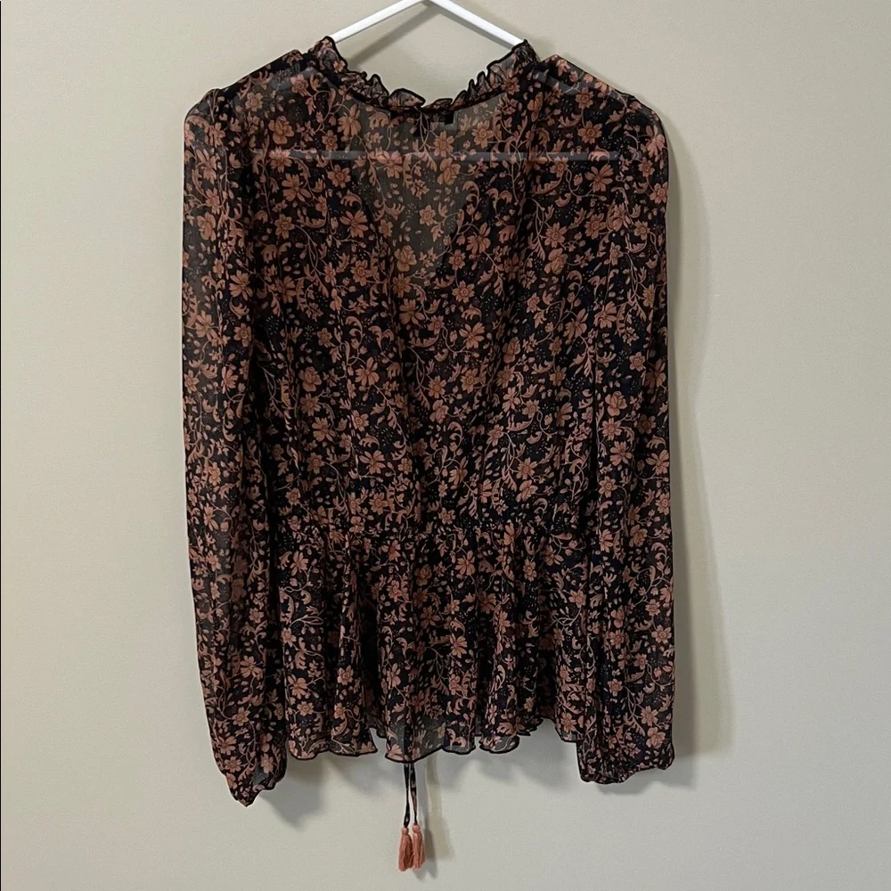 Lulu's She’s The Sweetest Black and Brown Floral Long Sleeve Sheer Blouse Size S - Picture 5 of 12